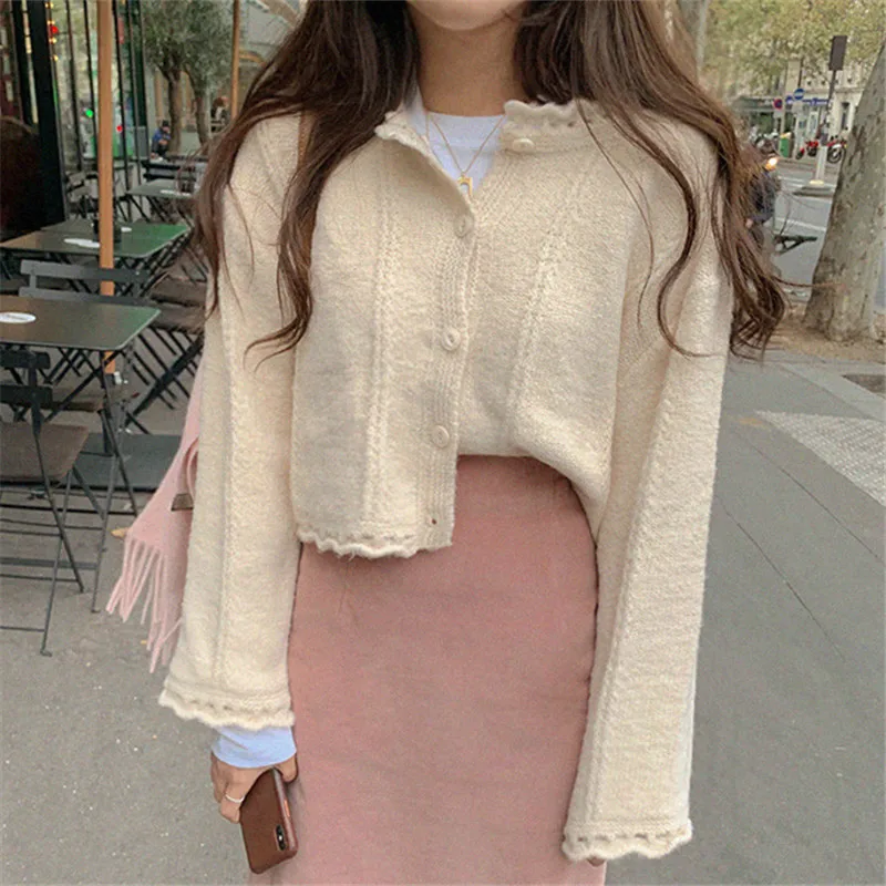 Бежевый RUGOD однотонный Укороченный кардиган, ажурный свитер, женские свитера, Зимние Топы для женщин, вязанная модная одежда Kpop - Цвет: Бежевый