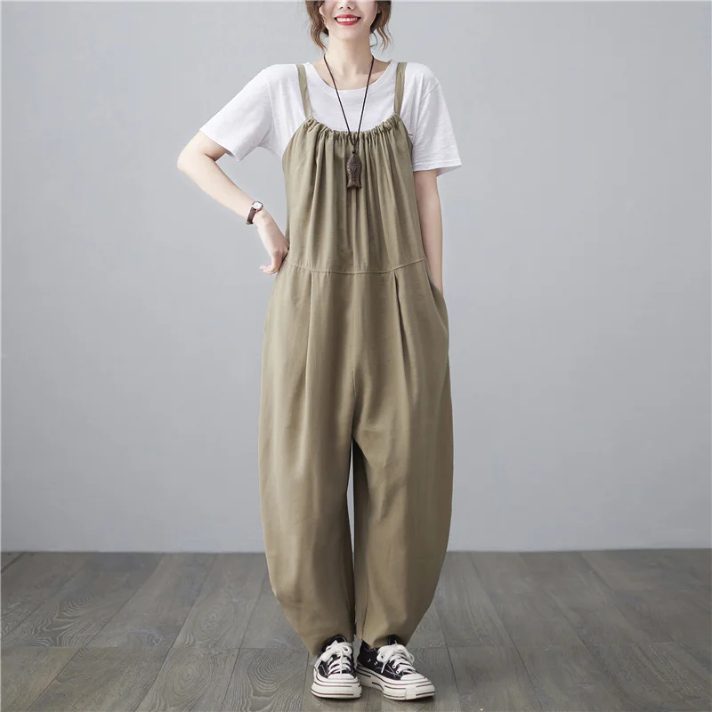 

Cotton and Linen Solid Color Casual Jumpsuit Loose Large Size Women's Elastic Waist Bib Trousers Linen Wide-leg Trousers Summer