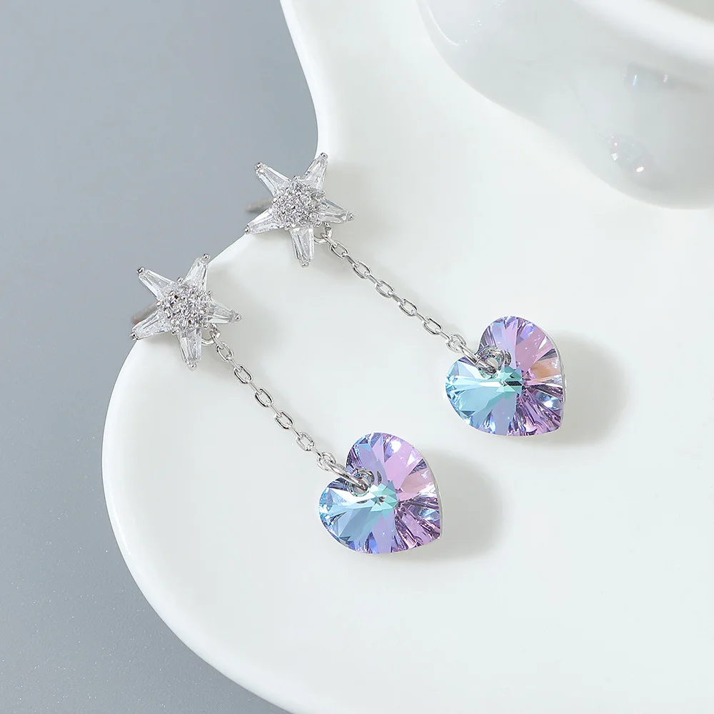 

Creative personality micro-zircon five-pointed star heart earrings long female S925 needle Shijia element crystal earring