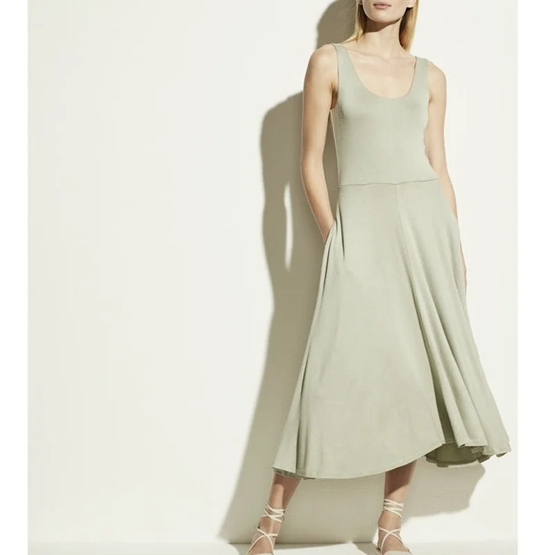 

High-end Summer Hot Style Vest Style Large Swing Skirt Slim Waist Elastic Long Dress