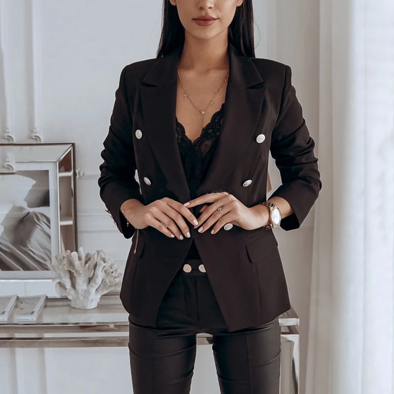 Твердые Цвет Slim Fit Блейзер, деловая, для офиса, женские лоферы для работы Женское пальто с отложным воротником, длинный рукав, двубортные блейзеры для женщин