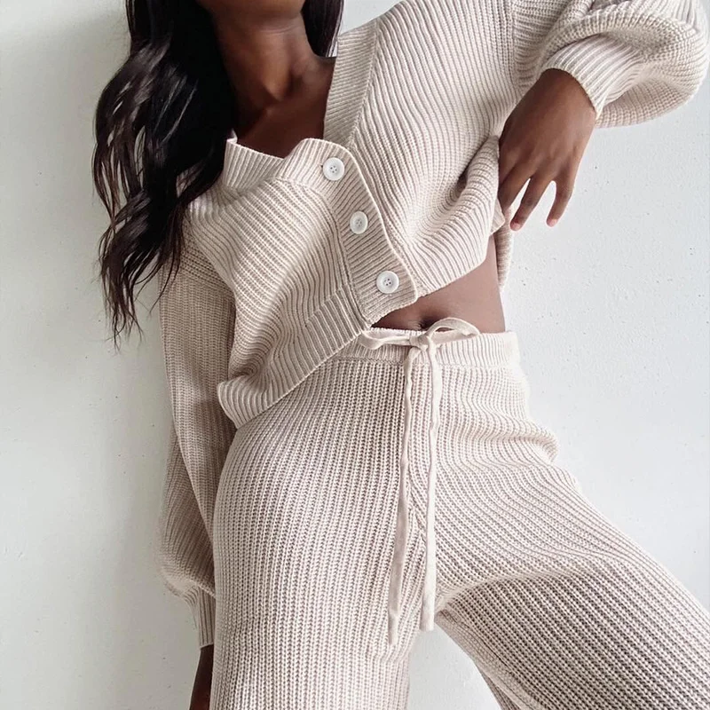 

Зимний вязаный свитер ZOVSV, комплект из двух предметов, женский кардиган с открытым стежком, топ и брюки, Повседневная модная одежда, домашняя...