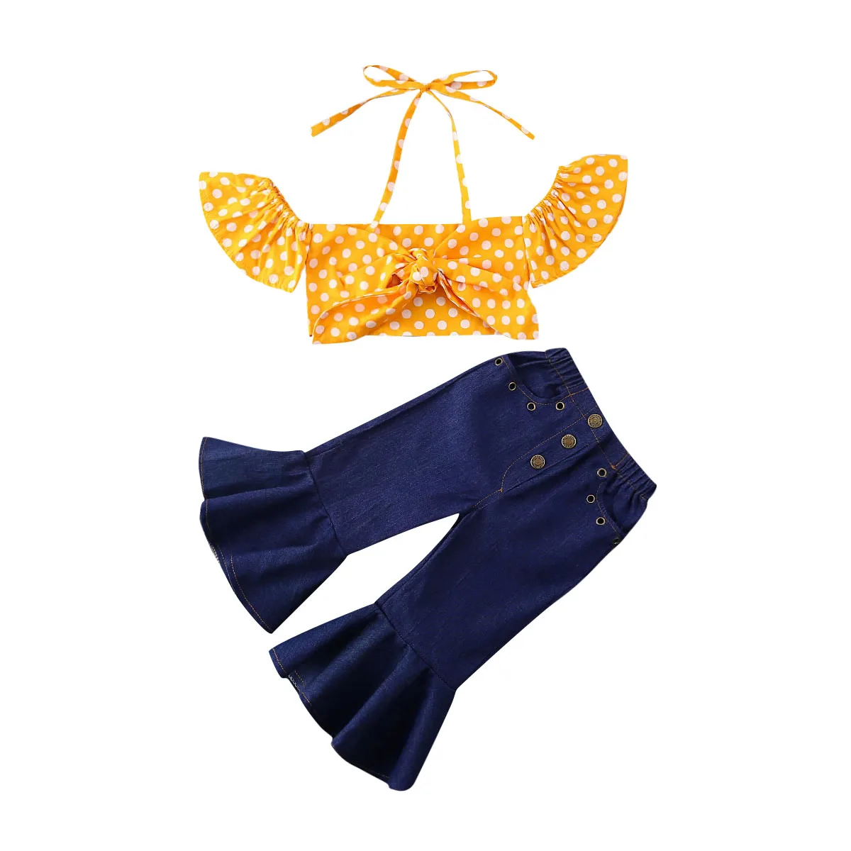 2020 Summer Kids Clothing Toddler Baby Girl Polka Tops Vest T-shirt Denim Pants Bell Bottom Jeans Outfit Clothes Sets | Детская одежда