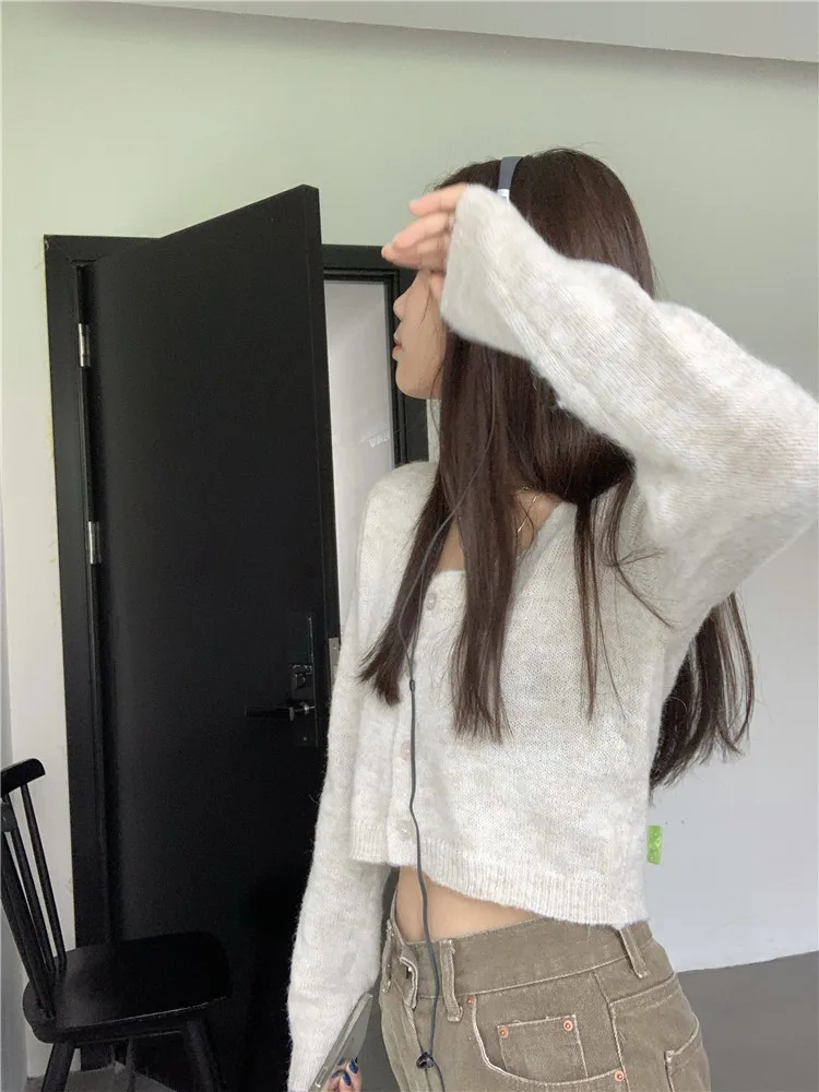 

2021 Spring Summer Women Short Knitted Variegated Cardigan Sun Protection Simple Thin Square Collar Short Knitwear