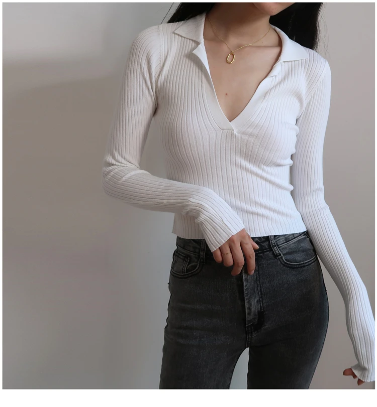 Women Sexy Polo Plunge Neck Long Sleeve Jumper In Skinny Rib Fitted Crop Knit Pullover With | Женская одежда