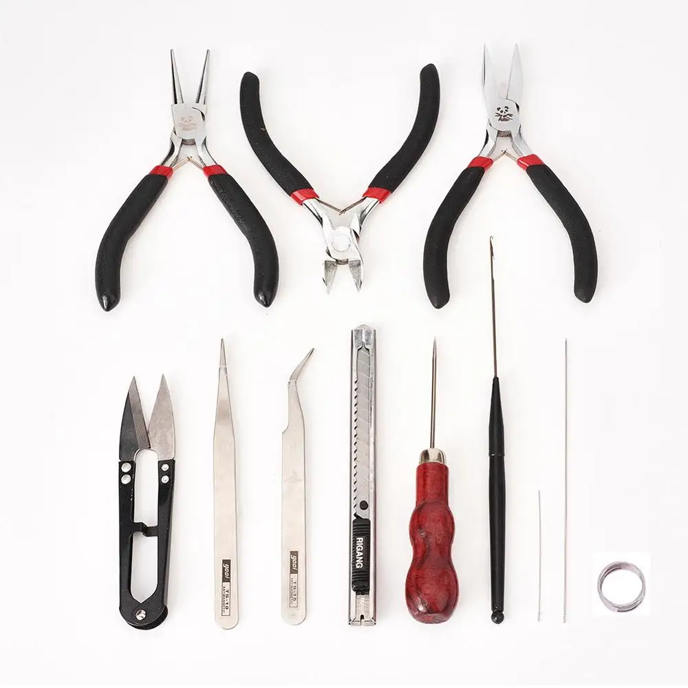1set DIY Ювелирные наборы инструментов плоскогубцы ножницы Бисероплетение пинцеты булавки латунные кольца крючком крюковые иглы рулетка штангенциркуль - Цвет: 1set