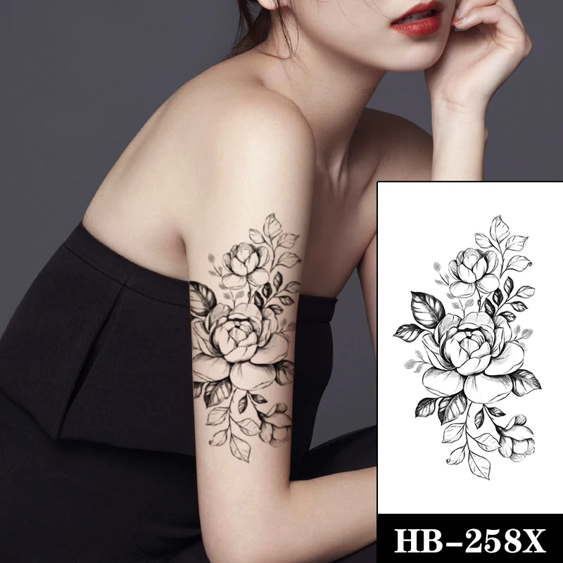 

Waterproof Temporary Tattoo Stickers Black Flower Bud Leaves Fake Tattoos Large Size Flash Tatoo Arm Leg Body Art for Women Girl