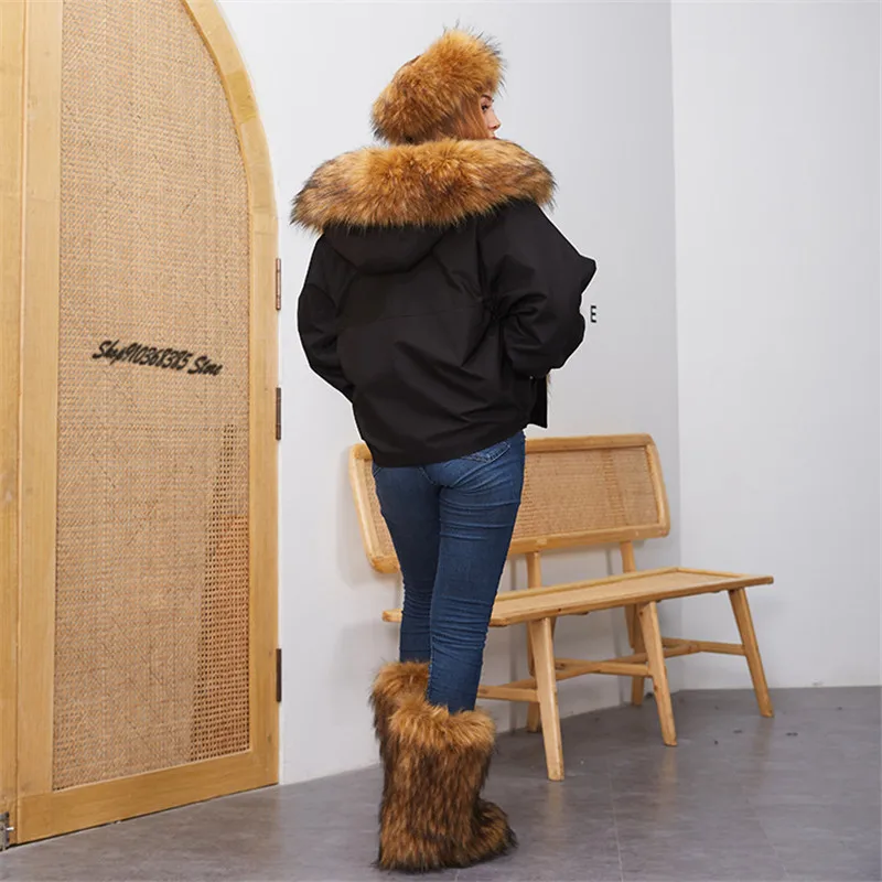 

New Women's Faux Fox Fur Thicken Plush Snow Boots Set Ladies Fur Coat Warm Jacket Winter Fashion Colorful Headband Cotton Shoes
