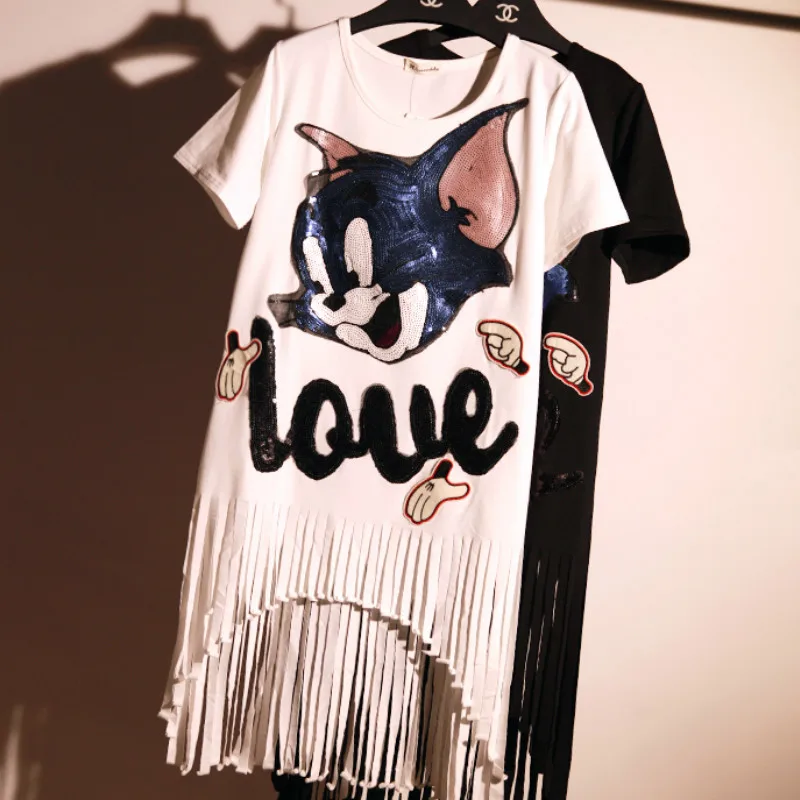 Харадзюку рубашка мультфильм блёстки синий кот футболка с вышивкой кисточки