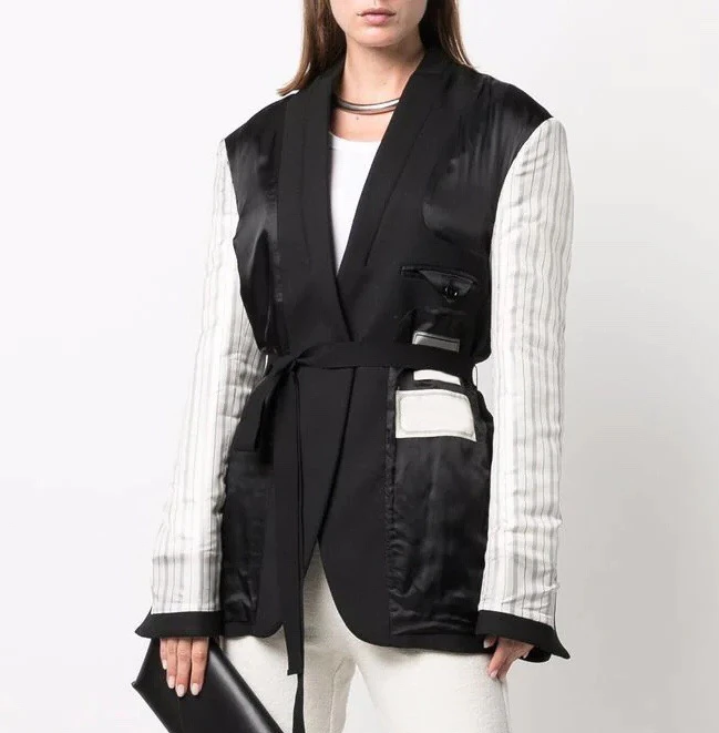 

Дизайнерская Женская парка с ремнем, в полоску, в стиле пэчворк