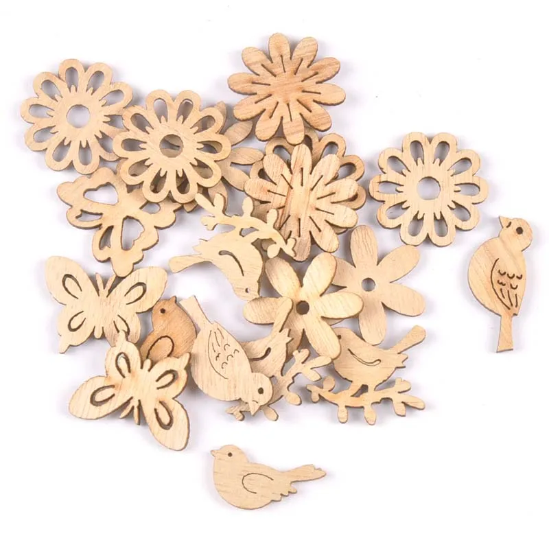 

50pcs 22-30mm Natural Wood Crafts Butterflies and birds DIY Scrapbooking For Wooden Ornament Home Decoration m2504