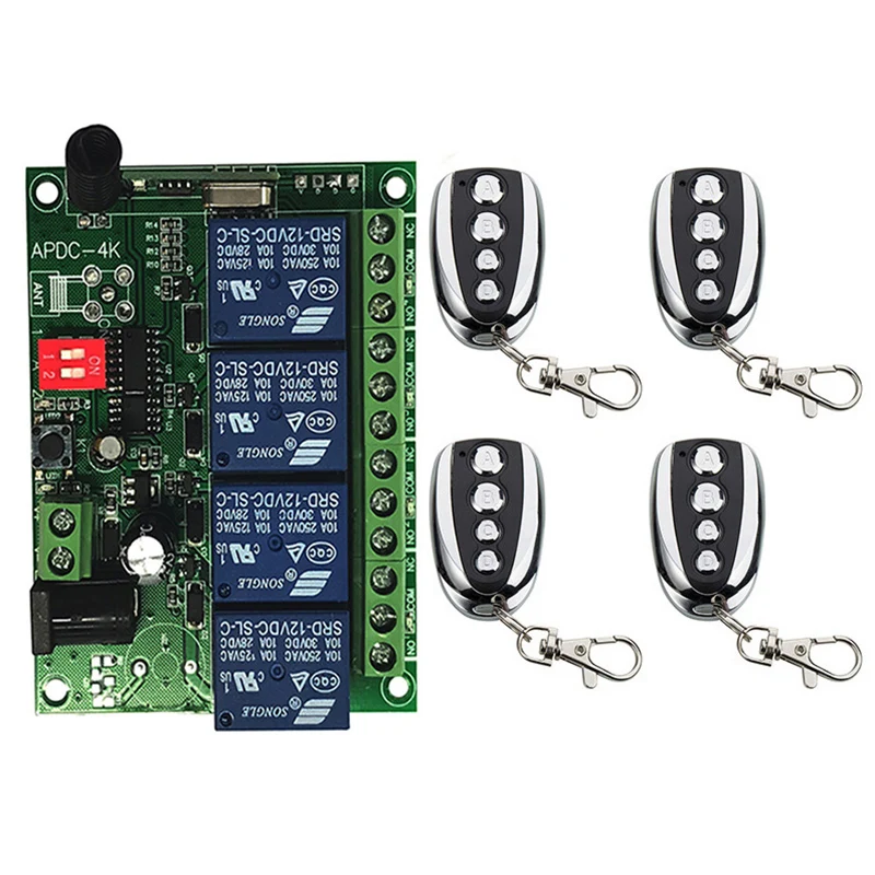 

Universal DC 12V 24V 10A Relay 4CH Wireless RF Remote Control Switch Transmitter+Receiver Module Gate Garage Opener