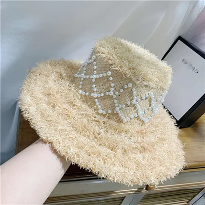 

Women Summer Simple Handmade Weave Raffia Sun Hats Lace Up Pearl Large Brim Straw Hat Outdoor Beach Summer Caps