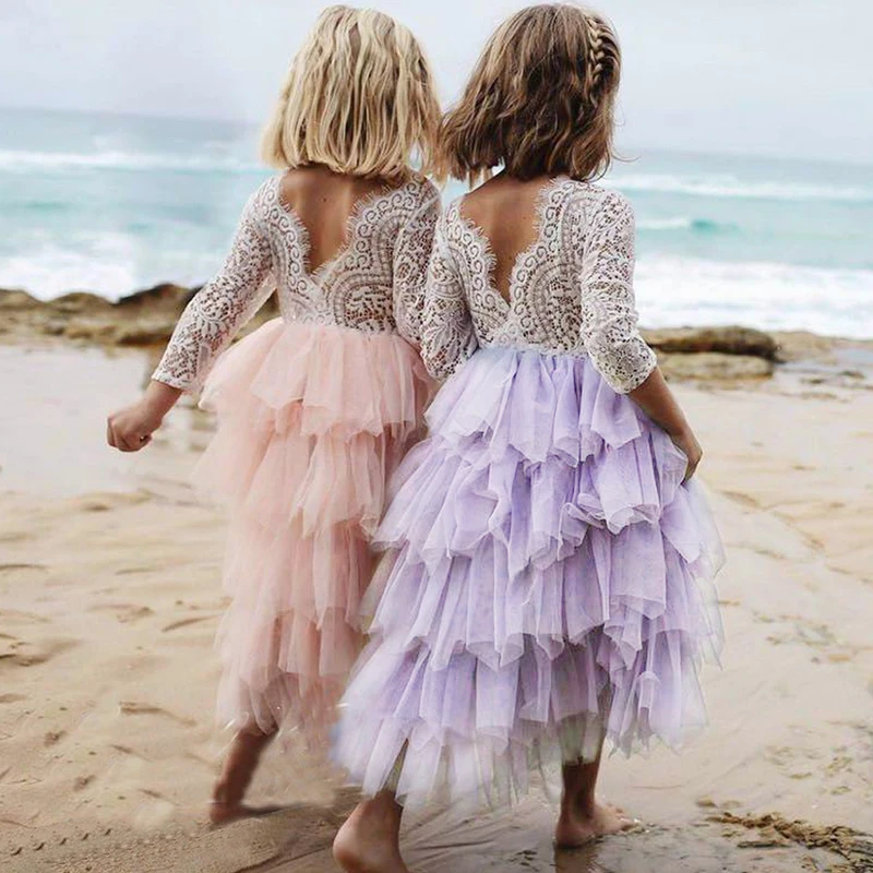 

3-8Y Lace Cake Tutu Layered Backless Girls Kids Wedding Flower Girl Dress Princess Party Pageant Dress Long Sleeve Tulle Dress