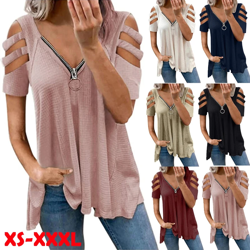 

2021 Summer Women Tops V-Neck Fashion Casual Ladies Short Sleeve Loose Sexy T-Shirts