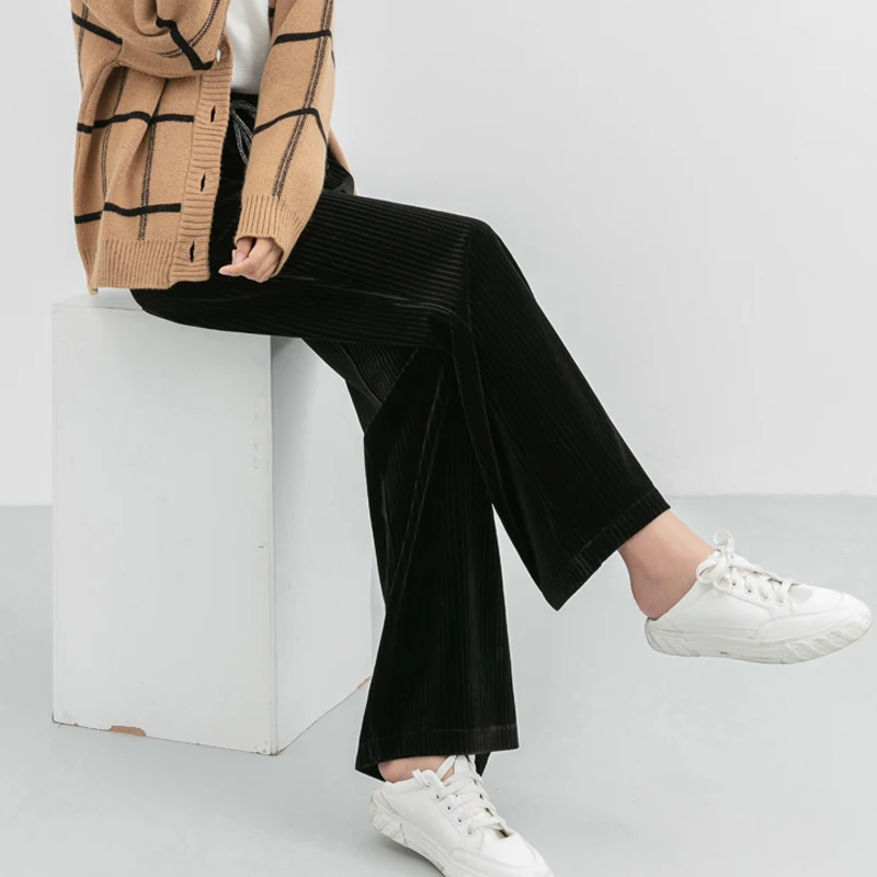 

Limiguyue Winter Fashion Bandage Long Stripe Velvet Trouser women wide leg pants High Waist Loose Drawstring Straight Pants K212