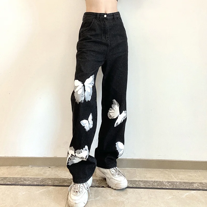 

ZOVSV Butterfly Printed Black Y2K Jeans for Women Summer Casual HIgh Waist Denim Trousers Ladies Fashion Straight Trousers