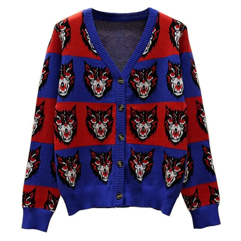 

2021 new spring and autumn wear sweater v-neck cardigan female Korean fashion loose Joker tiger head sweater