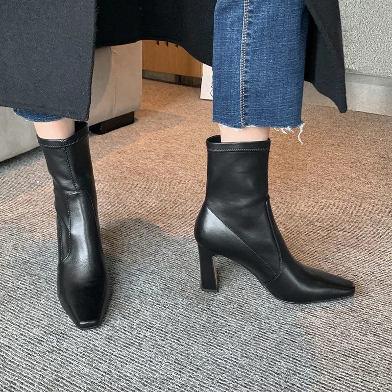 

Cowhide short boots women 2020 new autumn and winter high heels women's thick heel short tube soft elastic ankle boots square