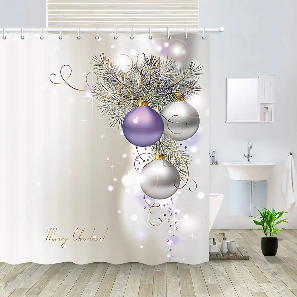 

Xmas Balls and Ribbons Pine Leavse Polyester Fabric Bathroom Curtain Set