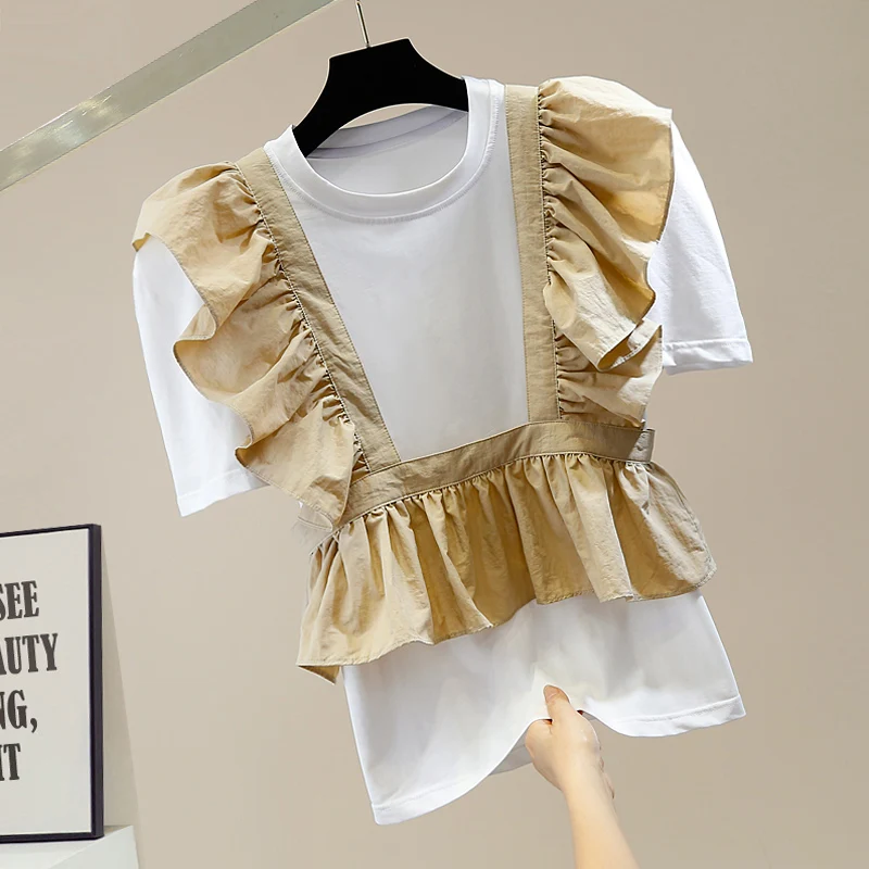 

Fashion Vintage Crumpled Puff Sleeve Loose-Fitting Casual T-shirt Women's Outer Wear Sweet Ruffled Vest Top Feemme Two-Piece