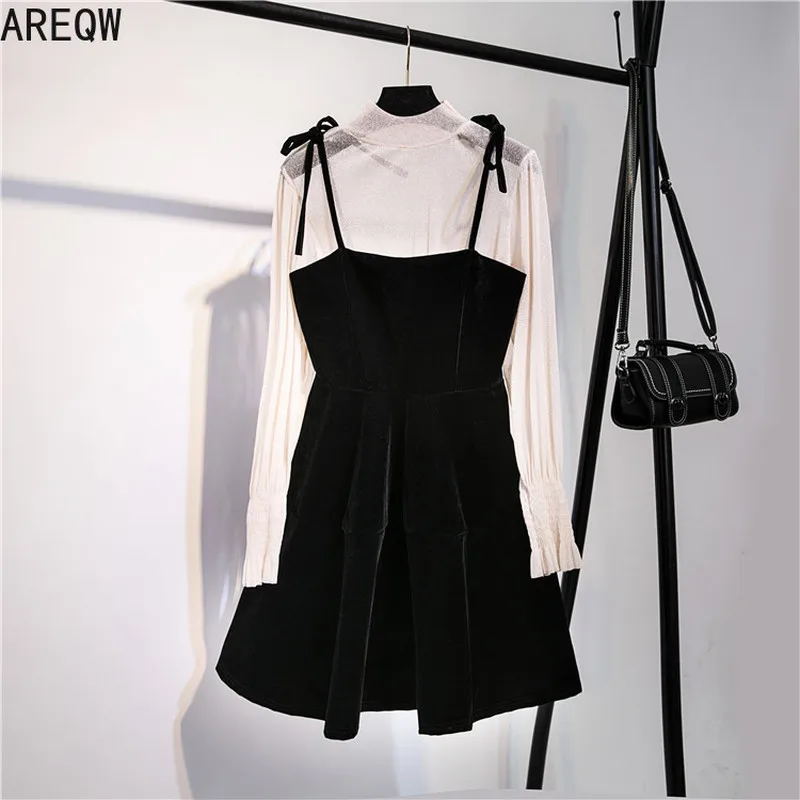 Женский прозрачный топ с длинными рукавами фонариками + платье комплект из 2