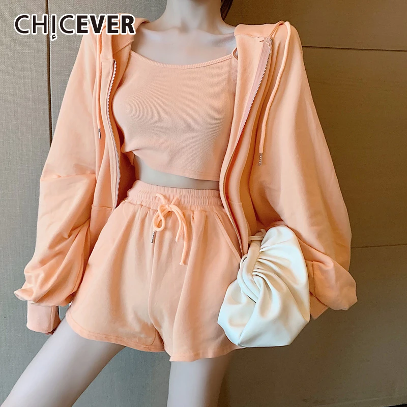 

CHICEVER Korean Three Piece Set Women Hooded Lantern Sleeve Jacket Lace Up High Waist Shorts Suits Female 2020 Fashion Clothes