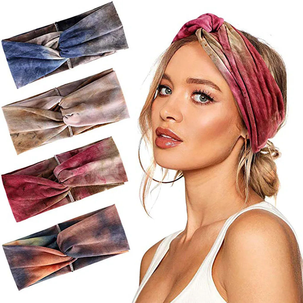 

4PCS spring/winter elastic hair band ladies tie-dye cross hair band solid color printing sports hair band 40*