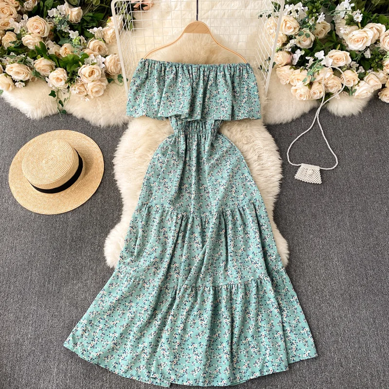 

Women's Casual 2021 New Spring Summer Sweet Print Dress Slash Neck High Waist Vacation Style Sexy Chic Ladies Dress