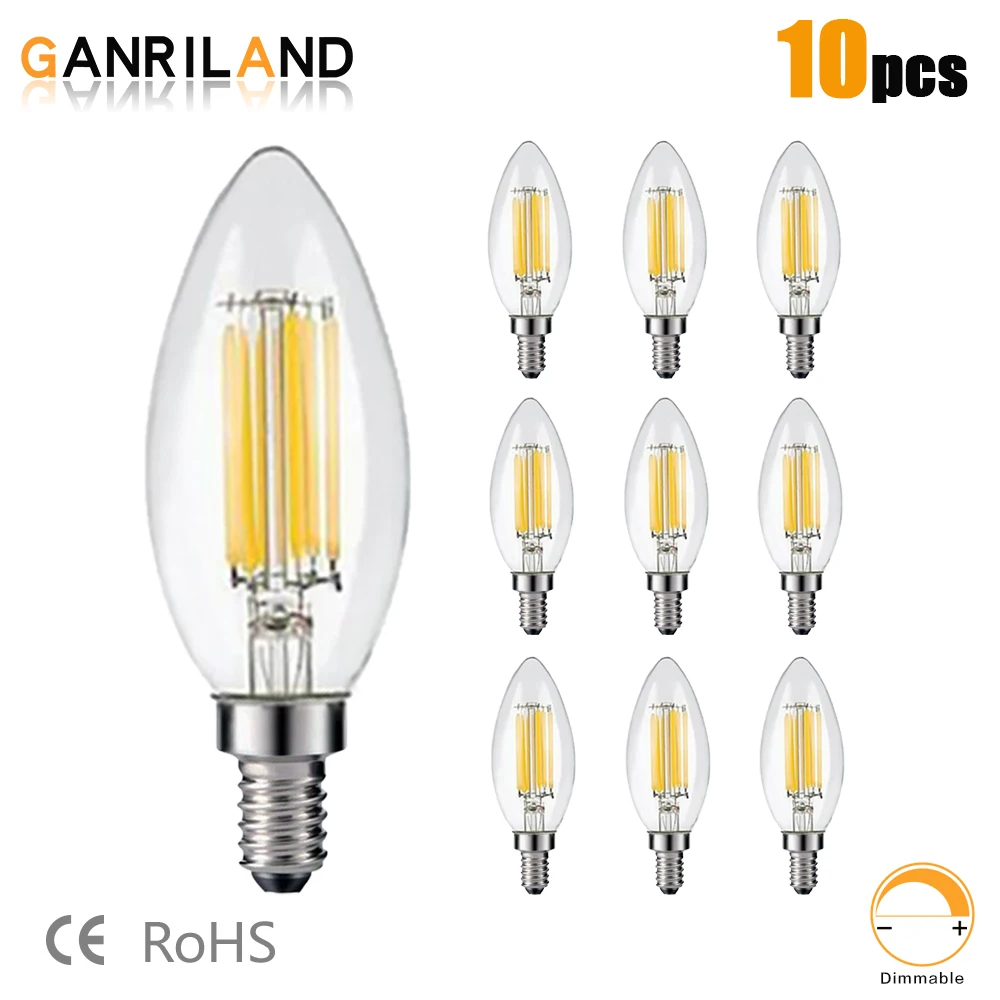 

10pcs E14 LED Bulb 220V 2W 4W 6W Dimmable Filament Candle Light C35 Edison Bulb Retro Antique Vintage Style Warm White 2700K