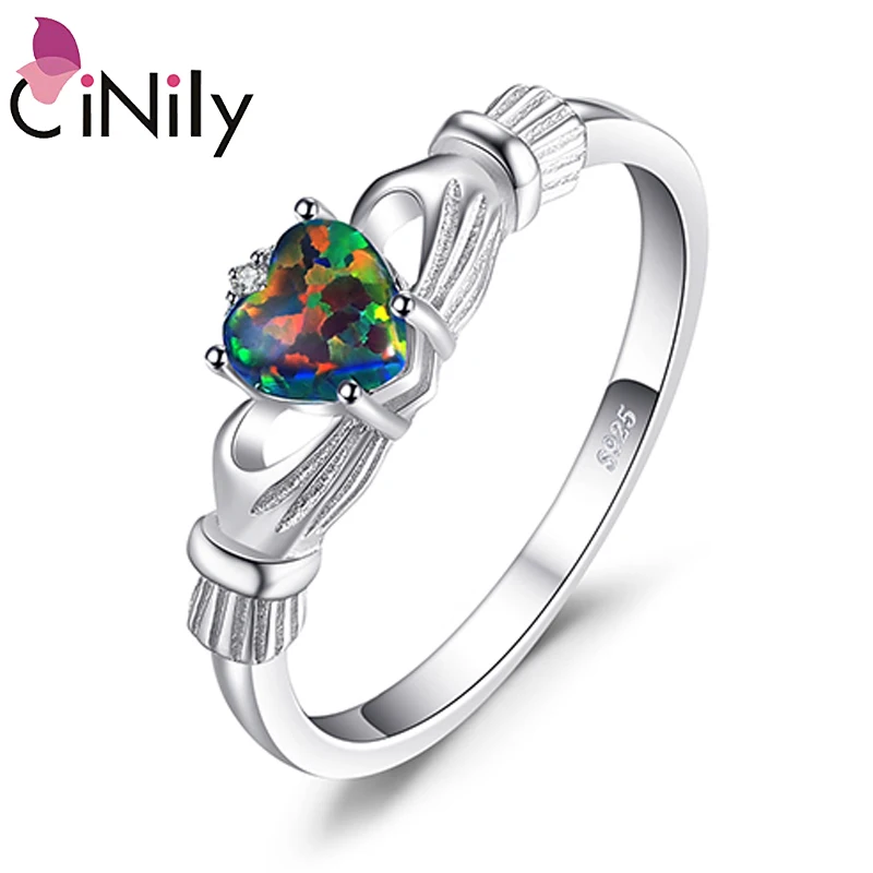 

CiNily Rainbow Heart Shape Fire Opal 925 Sterling Silver Rings for Gifts Party Women Girl Fine Jewelry Ring