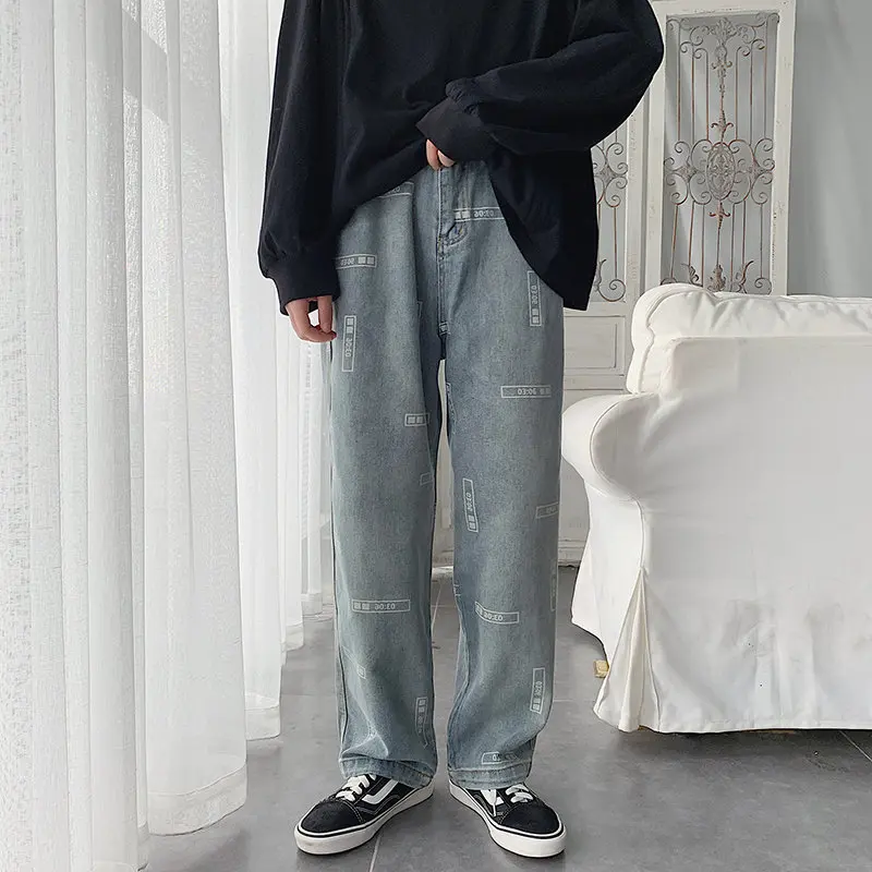 

Vintage Hip Hop Trendy Letter Printed Men Jeans Japan Style Retro Loose Straight-leg Jeans Long Wide-leg Pants Streetwear