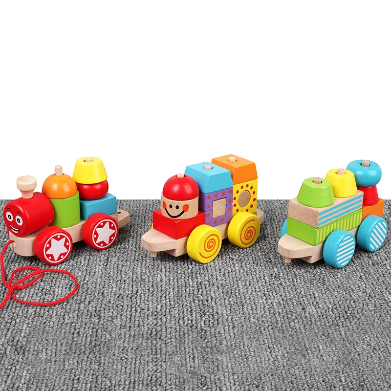 Детский Деревянный конструктор цветной маленький поезд для раннего развития