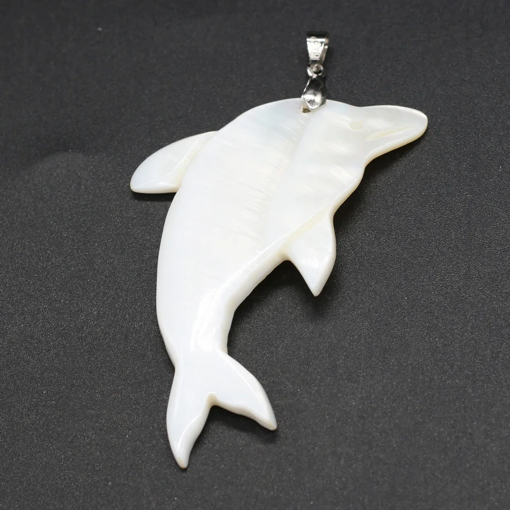 

Natural Shell Pendant Reiki Heal Cute White Dolphin For Jewelry Making Making Necklace Supplies 40x75mm