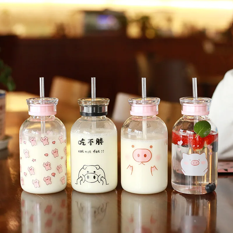 Creative Pig Water Cup Glass Bottles Kawaii Bottle Eco Friendly with a Straw Glasses Cute My Cups Waterbottle | Дом и сад