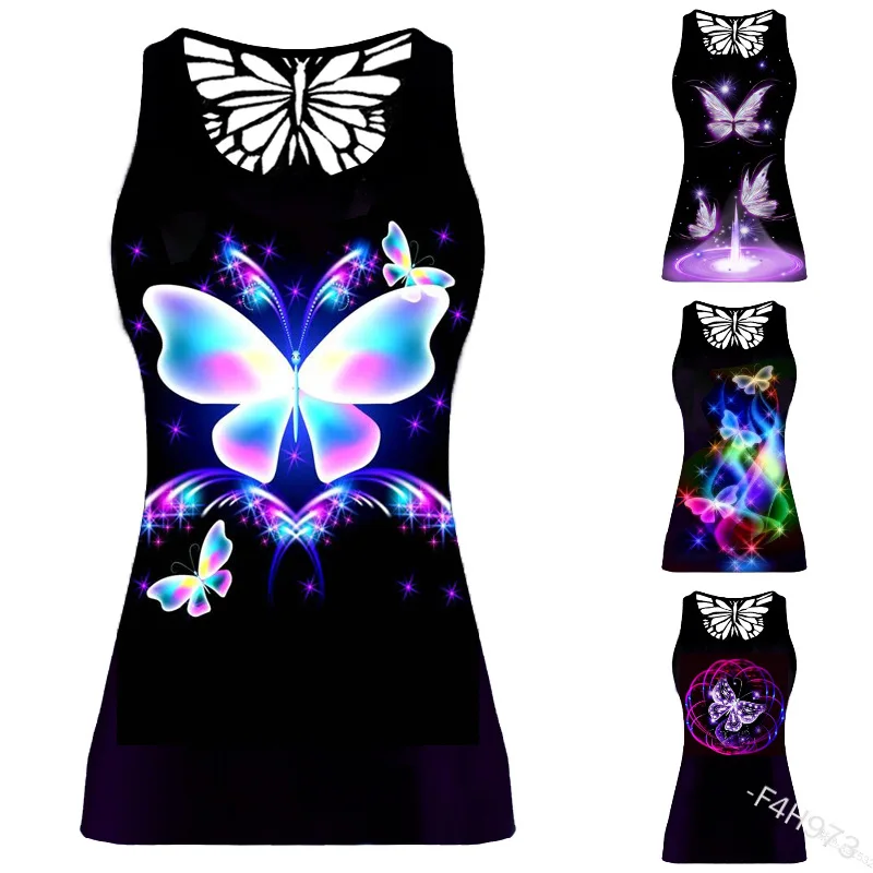 

WEPBEL Butterfly Print Vest Women's Casual Slim Vest Summer Fashion O-Neck Sleeveless Vest Top