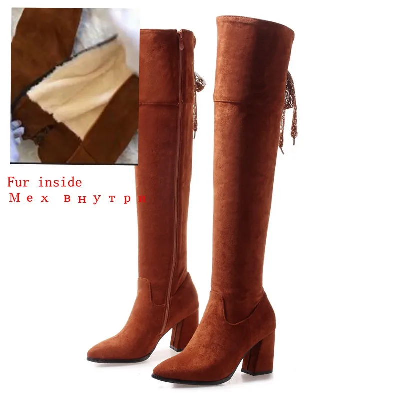 Yellow Fur REAVE CAT/обувь женские сапоги на высоком каблуке женские Сапоги выше колена Zapatos de mujer, на молнии, с перекрестной шнуровкой, из флока, с острым носком,, A1465 - Цвет: Yellow Fur