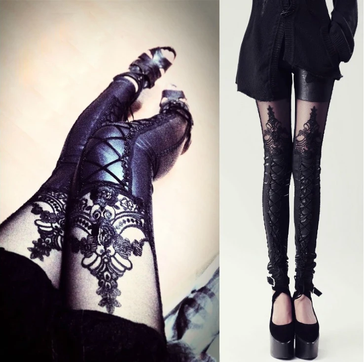 

Женские кружевные вышитые черные брюки, укороченные Леггинсы в стиле панк с кожаной строчкой, нижние брюки, лидер продаж 2021