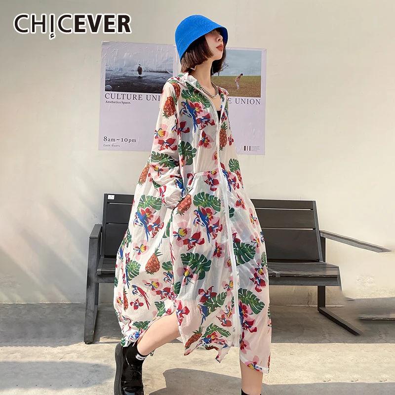 

CHICEVER Casual Print Coat For Women Hooded Collar Long Sleeve Ankle Length Zipper Hit Color Coats Females 2021 Clothing Summer