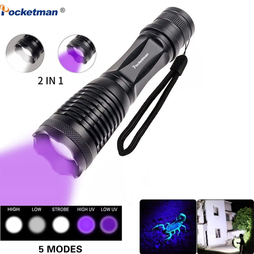 

2 In 1 UV Flashlight LED Purple Light Torch 395nm Ultraviolet Urine Detector Waterproof Zoomable Flashlamp For Field Camping