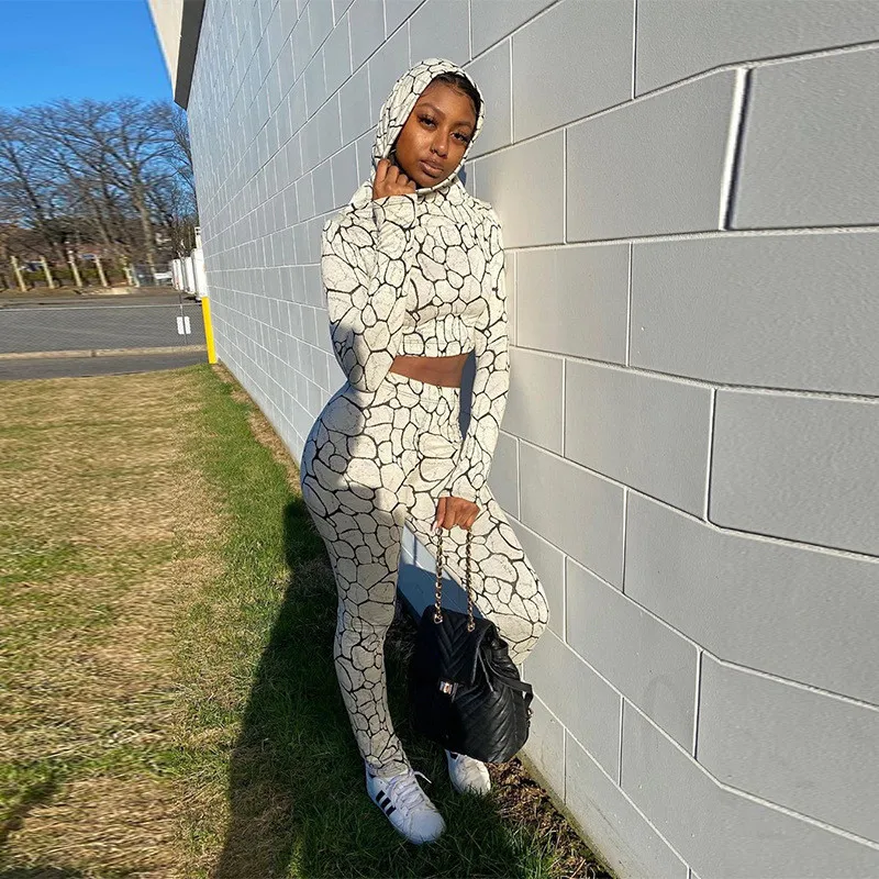 

Gniherii 2020 Autumn New Women Snakeskin Print Clothing Set Casual Long Sleeve Hooded Crop Tops + High Waist Skinny Long Pants