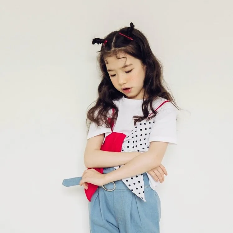 Детская футболка для девочек хлопковая в полоску с бантом стиле пэчворк белые