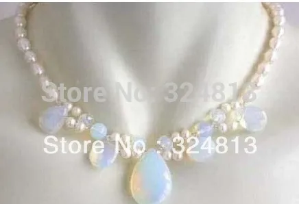 

Real White Pearl & Blue Fire Opal Silver Clasp Necklace 18“