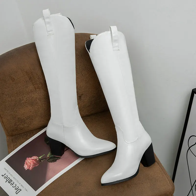 

2021 Knee High Women Boots PU Pointed Toe Fashion Long Boots Square Heel Keep Warm Autumn Winter Women Shoes Size 34-43