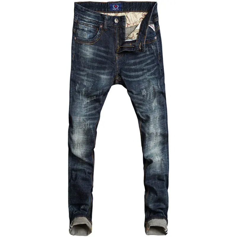 

Джинсы мужские рваные зауженные, модные эластичные рваные джинсы, Винтажный дизайн, черные синие, 2021