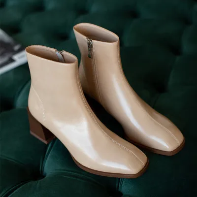 

Autumn Winter New Oil Wax Leather Thick Heel Thin High Heel Square Toe Ankle Boots Trendy Women Simple Nude Short Martin Boots