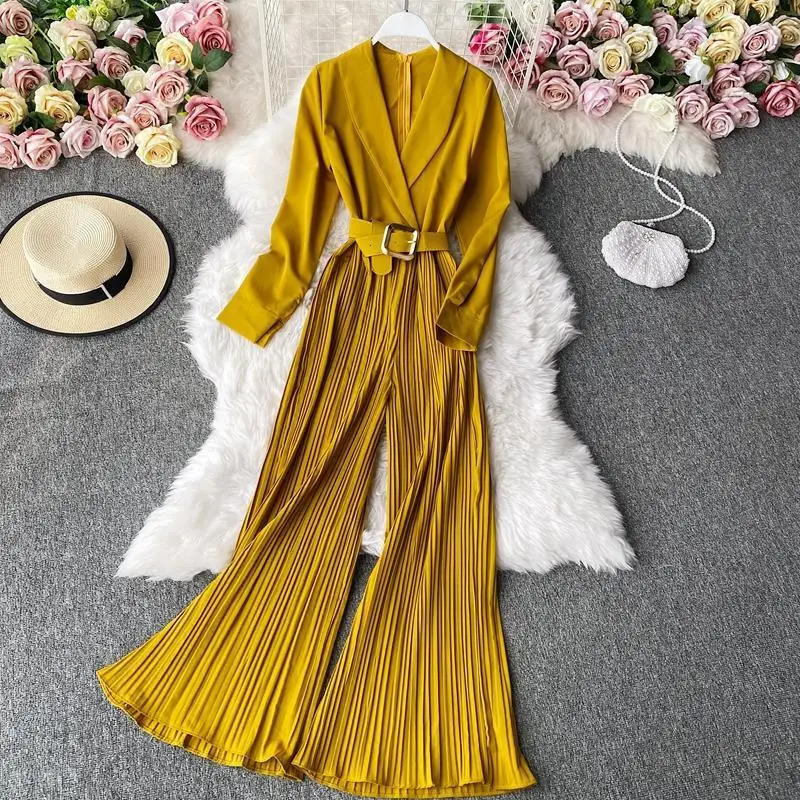 

2021 Spring Autumn New Women's Fashion Pleated Jumpsuit Long-sleeved Office Ladies Stylish Solid Rompers with Belted Y612