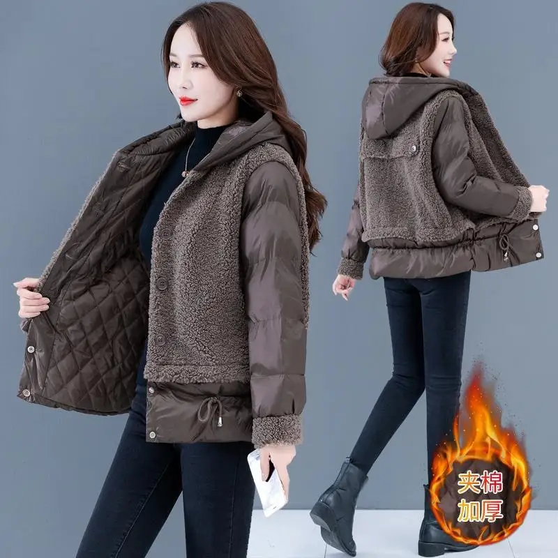 

Autumn and Winter New Lamb Wool Women's Cotton-padded Jacket Loose Casual Plus Velvet Thick Fashion Cotton Jacket