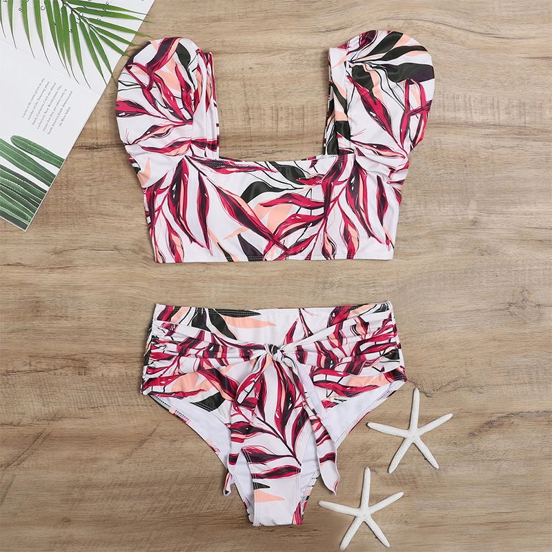 

Summer Leaf Red Print Women Swimwear 2021 Conservative Short-Sleeved Split Swimsuit Two Piece High Waist Bikini