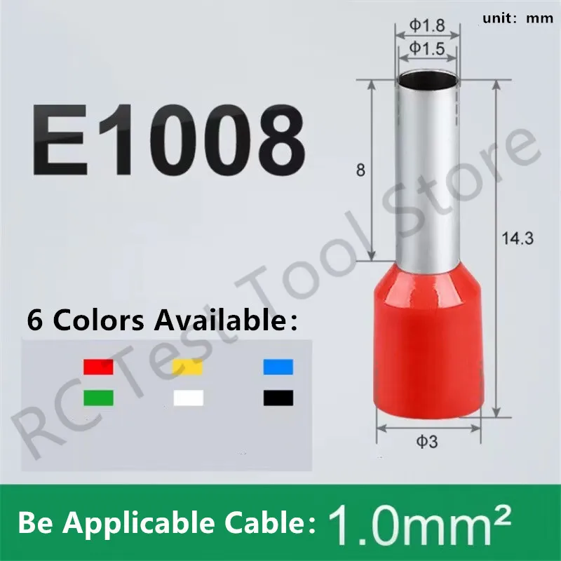 100 шт./упак. E1008 Изолированные Наконечники Клеммная колодка шнур провод 18AWG